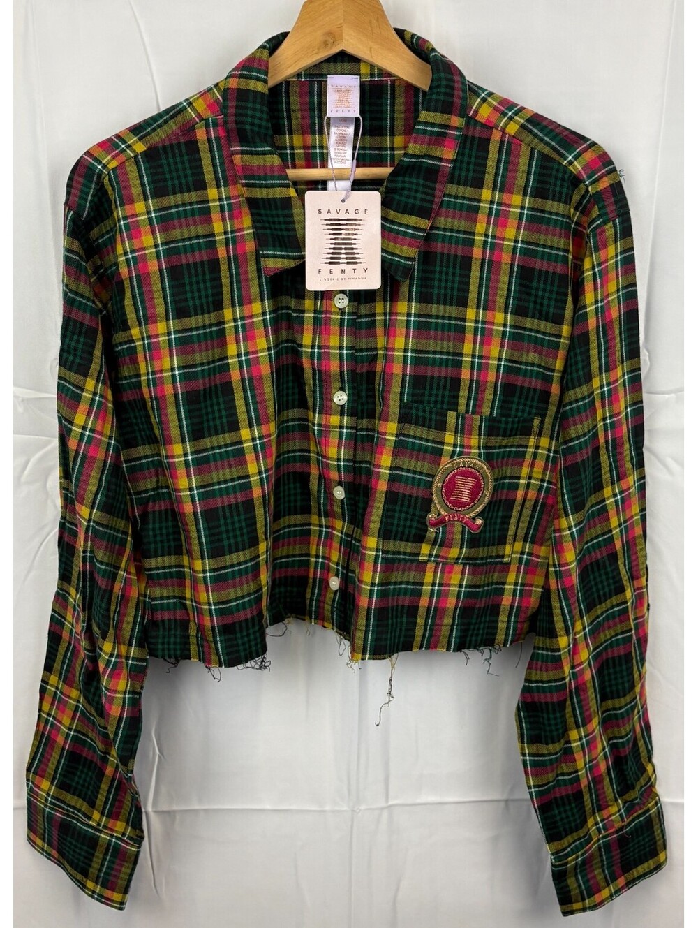 Savage X Fenty Women's Large Green/Pink Plaid Cropped Button Down Shirt